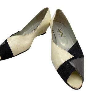 Yves Saint Laurent Peep Toe Wedge Cream Leather Fabric 36 Pu